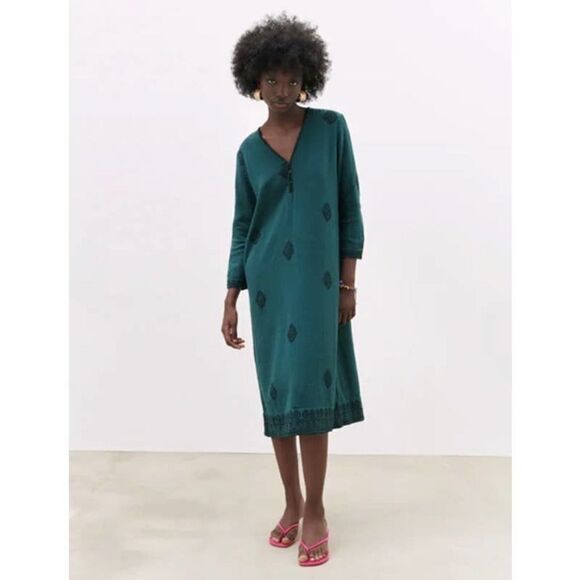 Zara Printed Midi Dress Cotton Green New - Picture 1 of 6